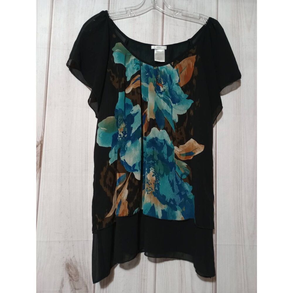 Halo Shirt Ladies Large Black Turquoise Floral‎ Semi Sheer Sleeves